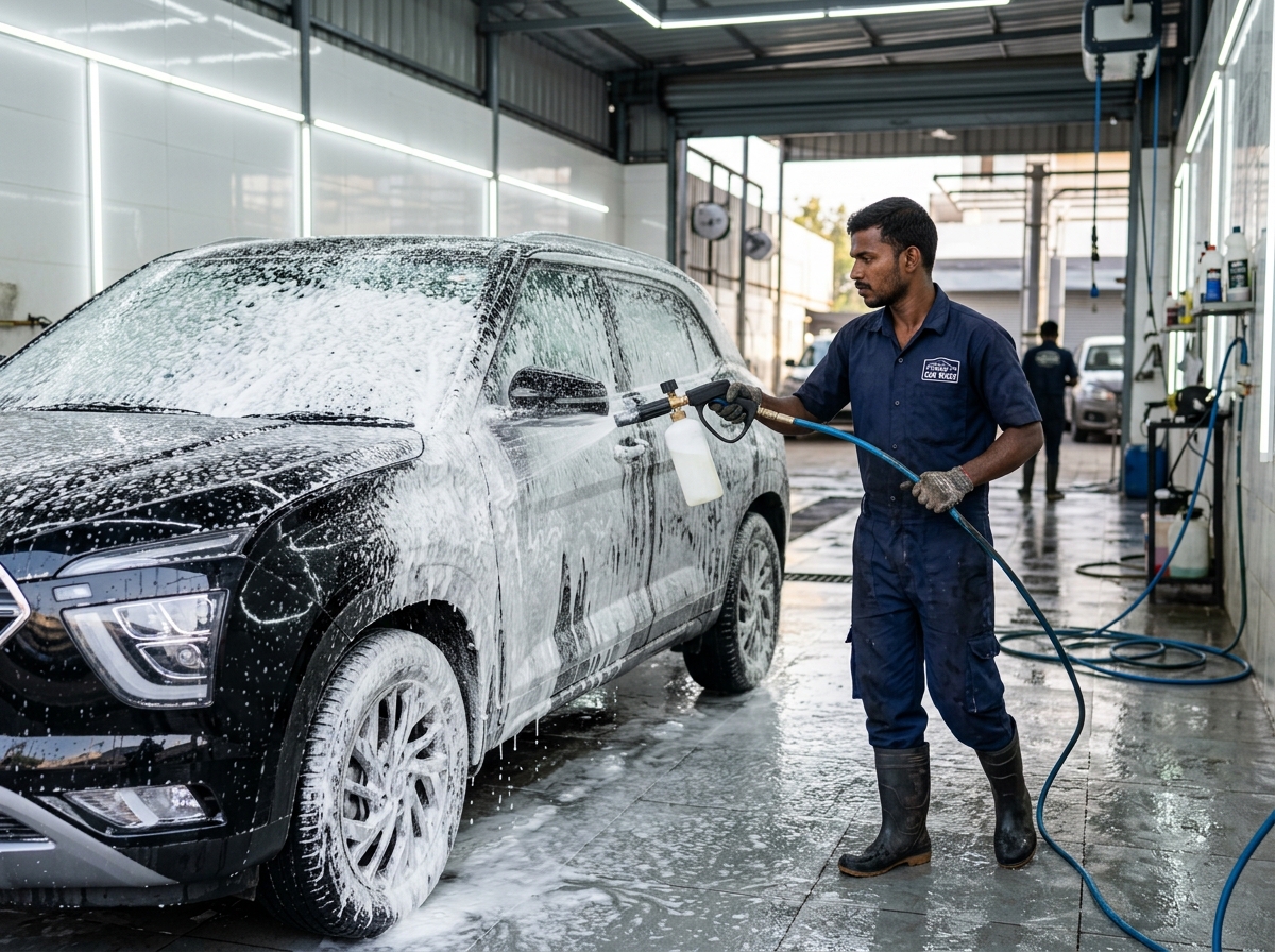 Technician applying thick snow foam on SUV in detailing bay